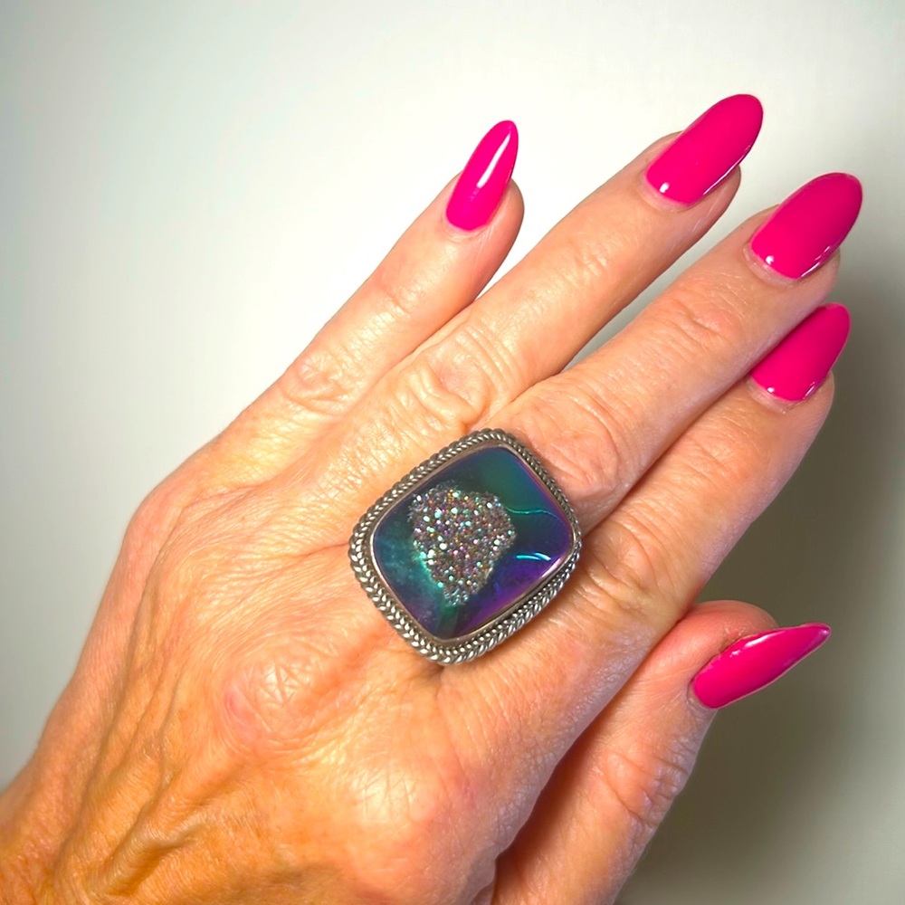 Drusy Solid Silver Iridescent Purple Ring - image 1